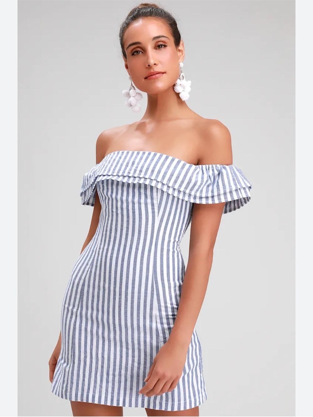 Lulus Seaside Skipper Blue Striped Off-the-Shoulder Mini Dress size SM new